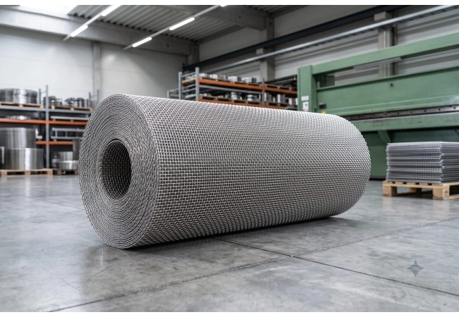 Rotolo di rete metallica intrecciata in acciaio inossidabile Large roll of stainless steel woven wire mesh in modern factory with visible plain weave pattern